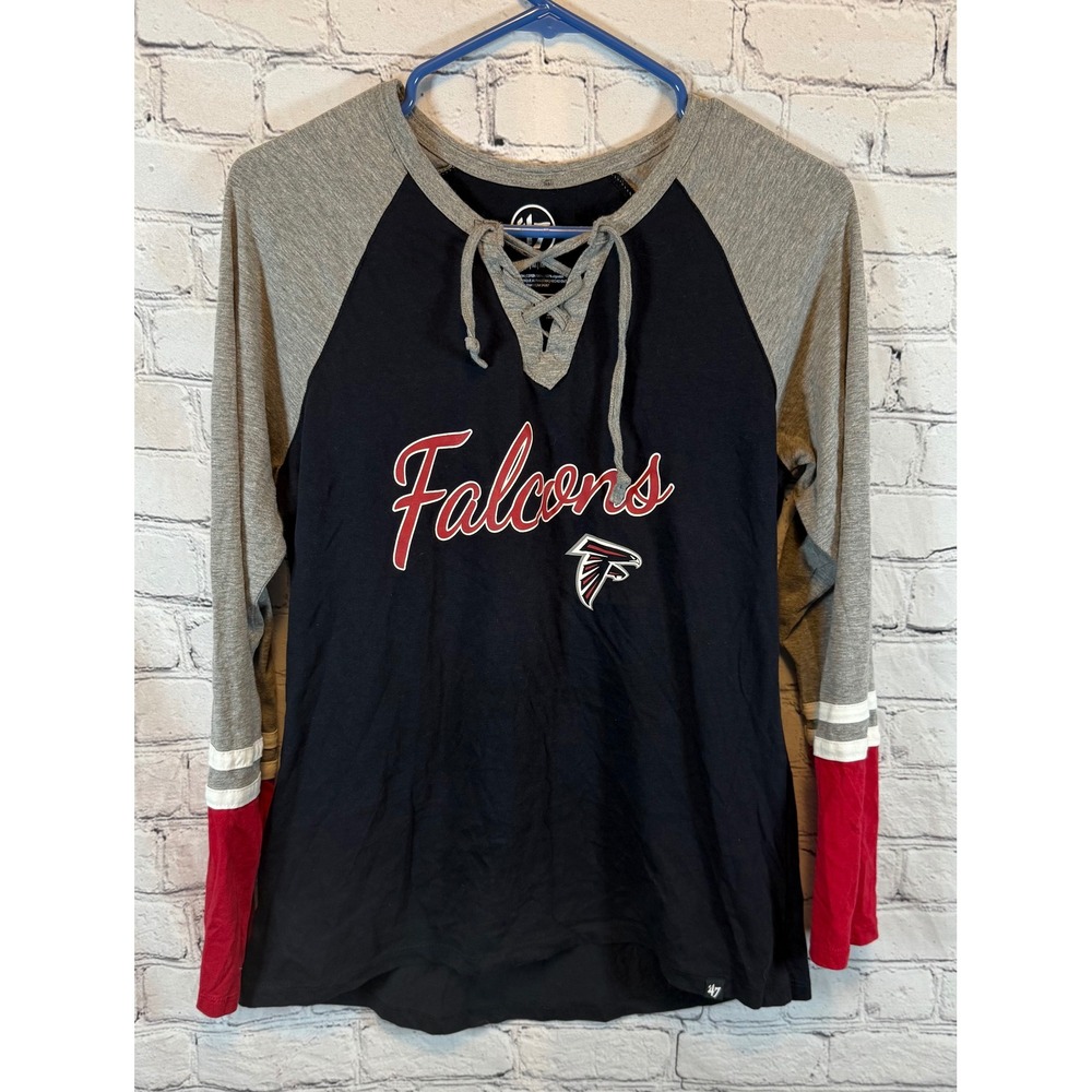 47 Brand Atlanta Falcons NFL Football Lace Up Long Sleeve T Shirt Gray Red Black
